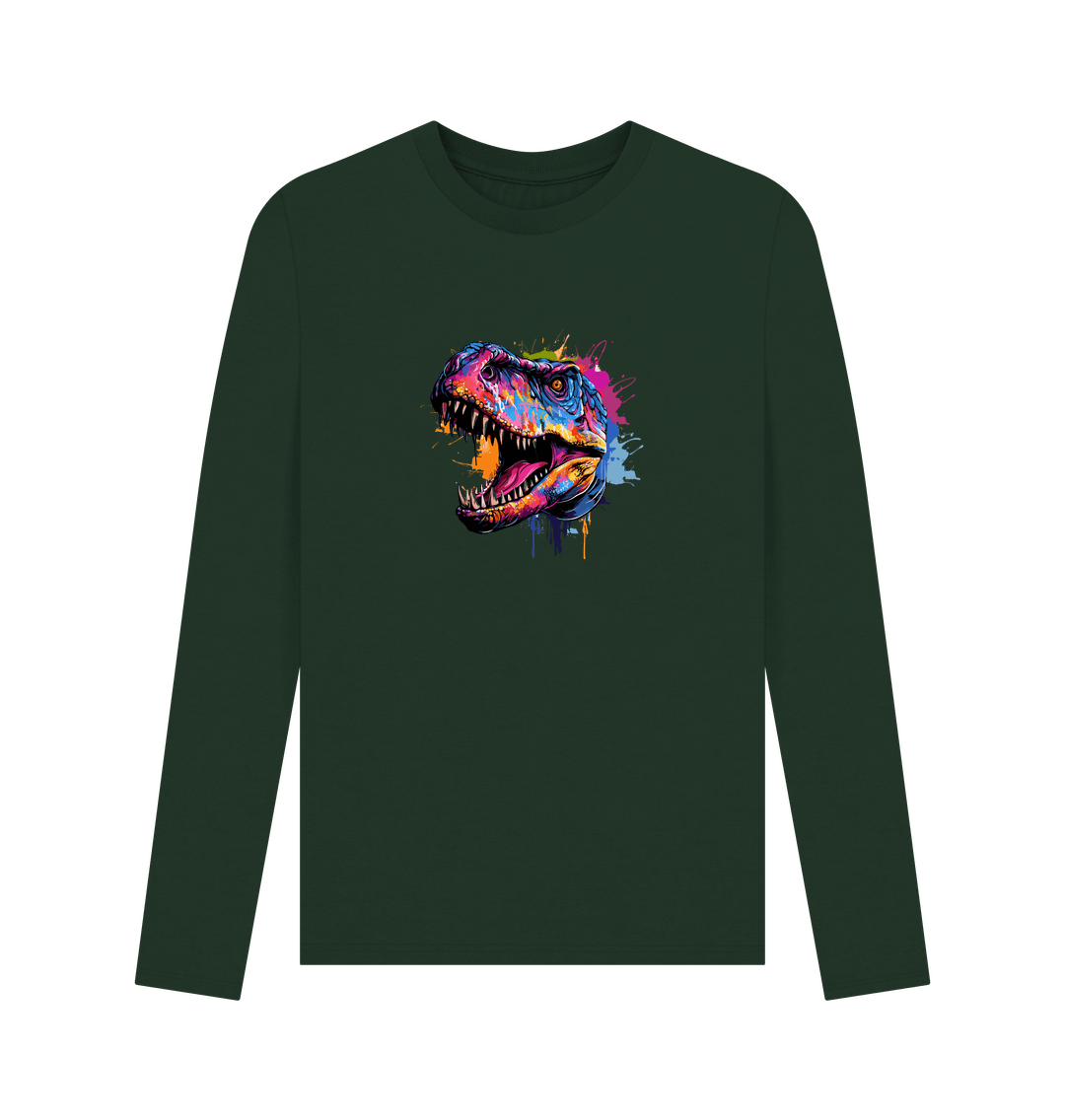Green long-sleeved t-shirt with colorful dinosaur graphic