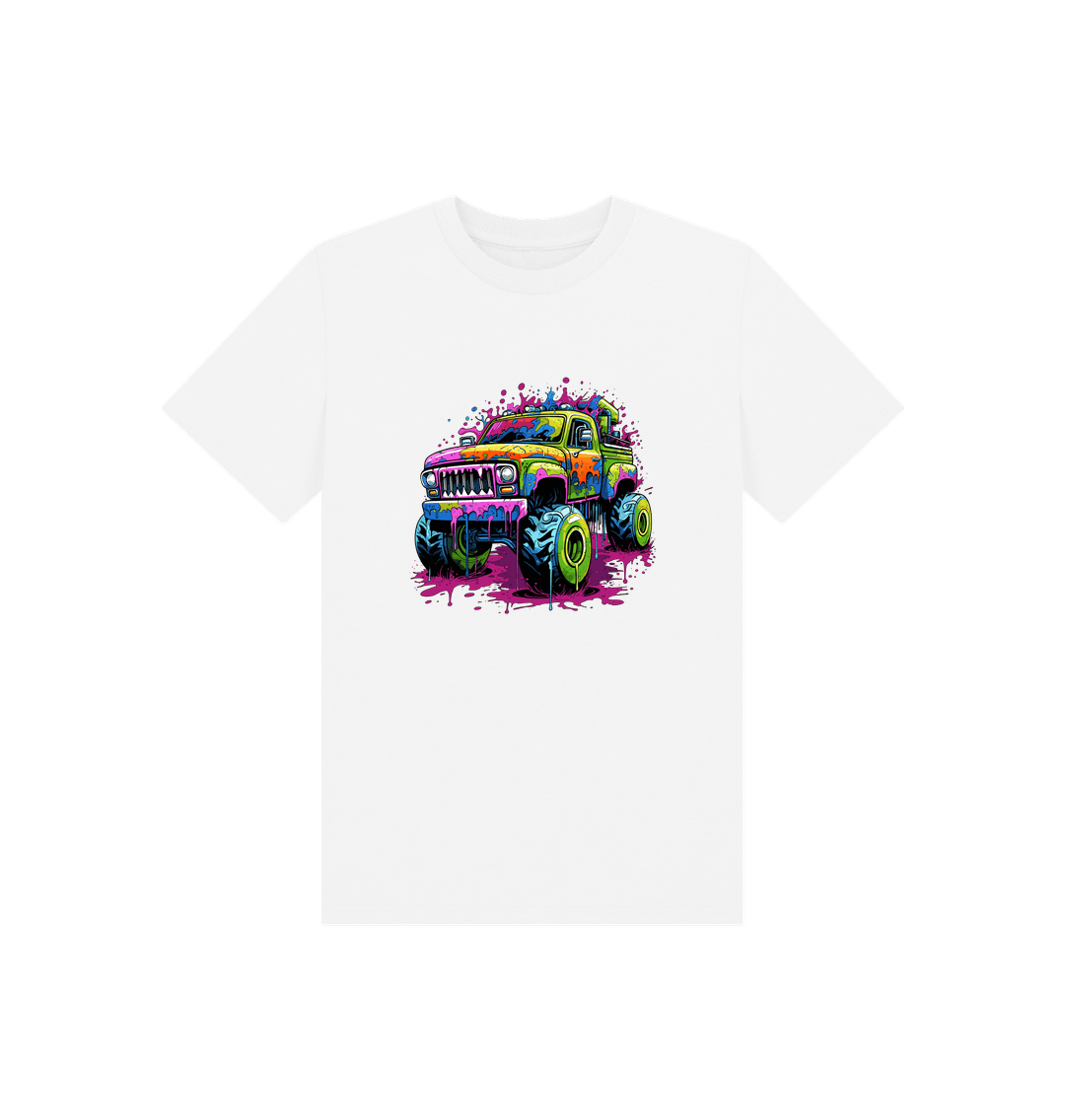 White t-shirt with colorful monster truck graphic