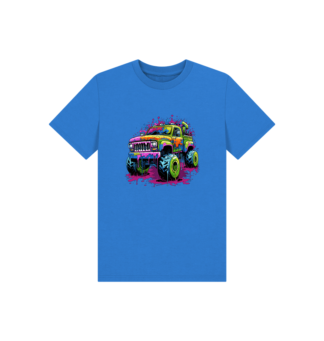Blue t-shirt with colorful monster truck graphic