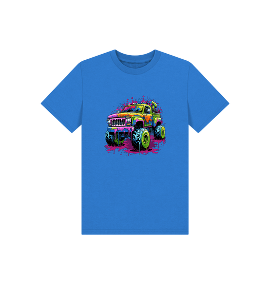 Blue t-shirt with colorful monster truck graphic