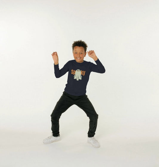 Navy long-sleeve shirt with "Spooky" ghost design (person)