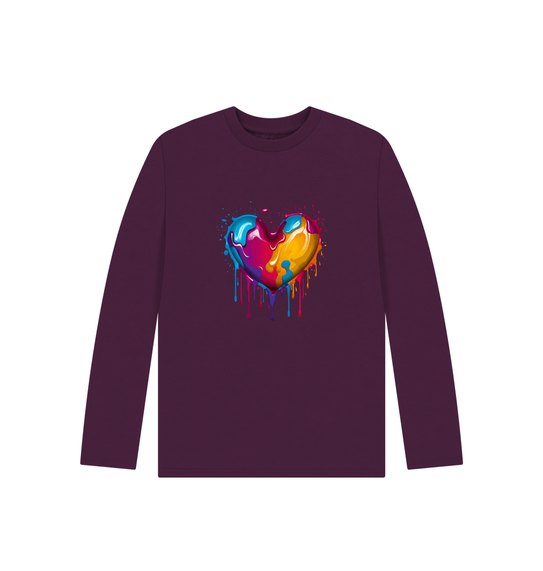 Maroon long-sleeved t-shirt with colorful dripping heart design