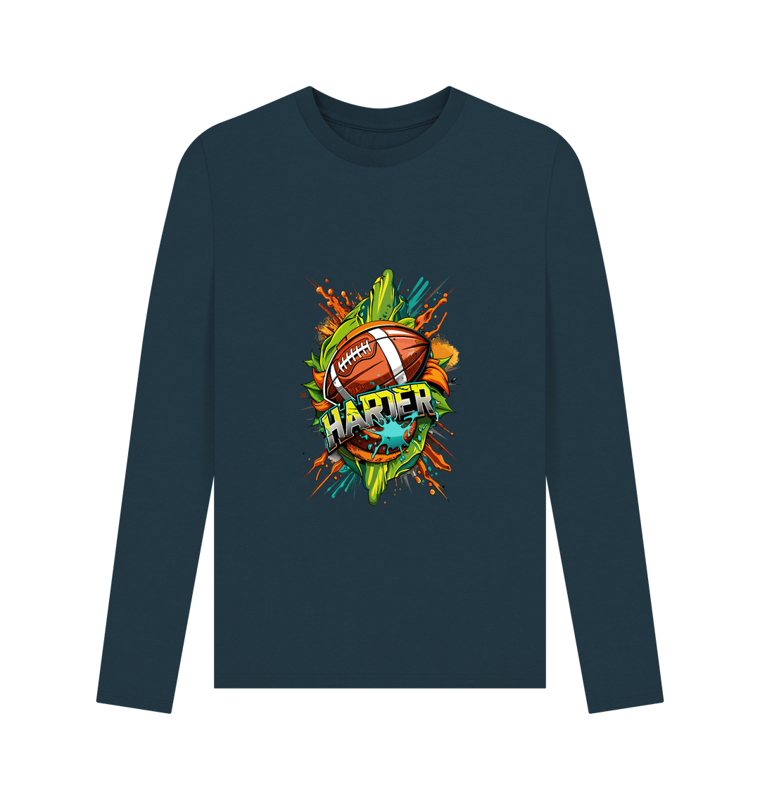 Dark blue long-sleeved t-shirt with football graphic