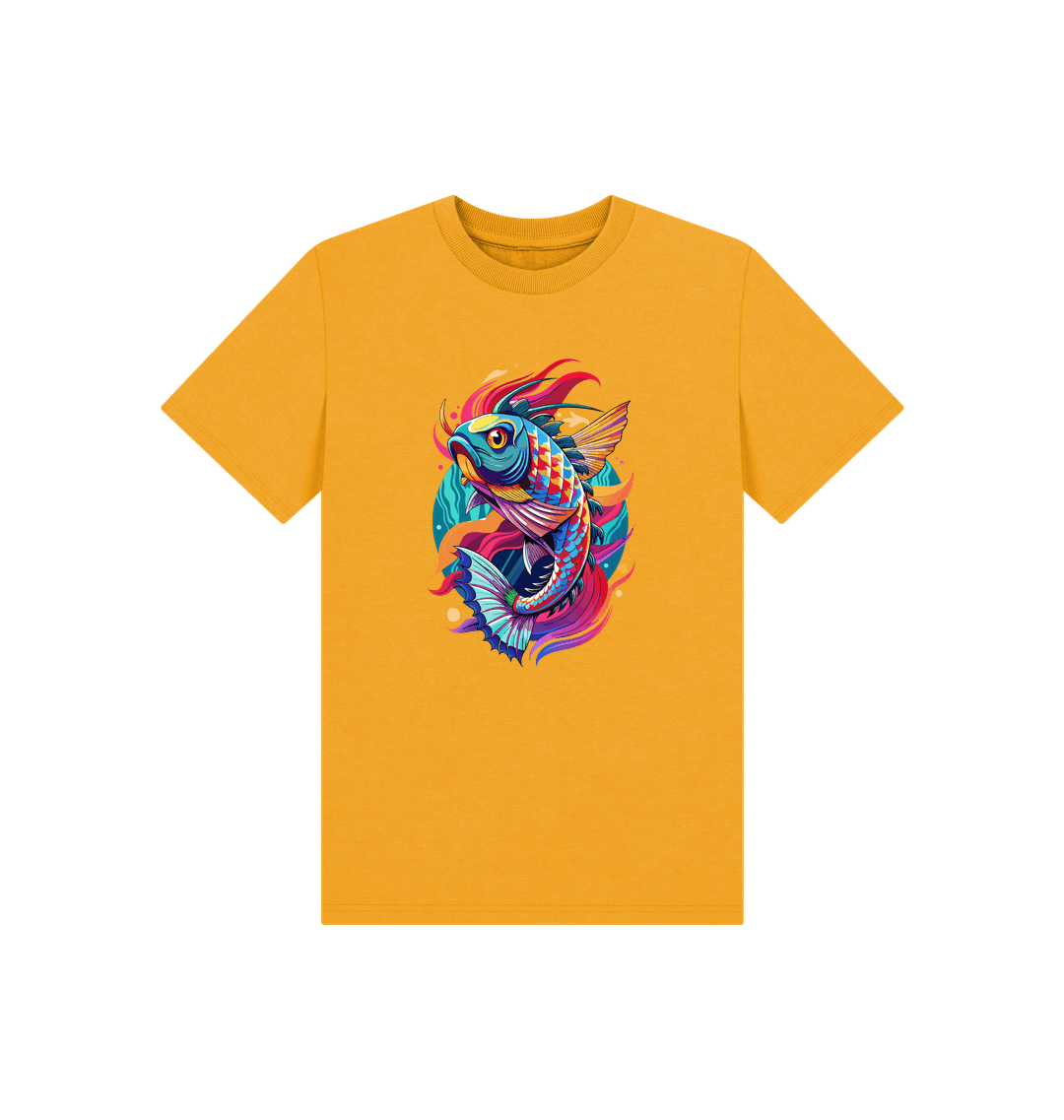 Yellow t-shirt with colorful fish graphic