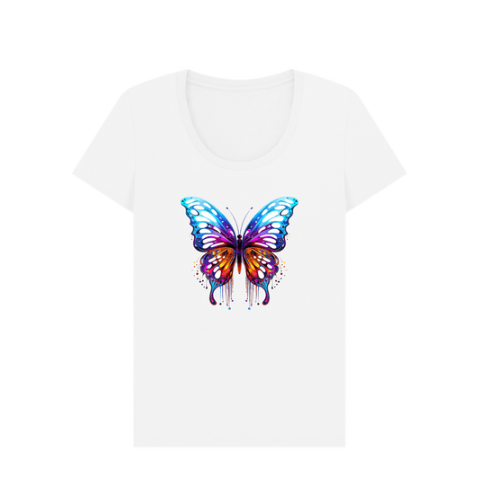 White t-shirt with colorful butterfly design