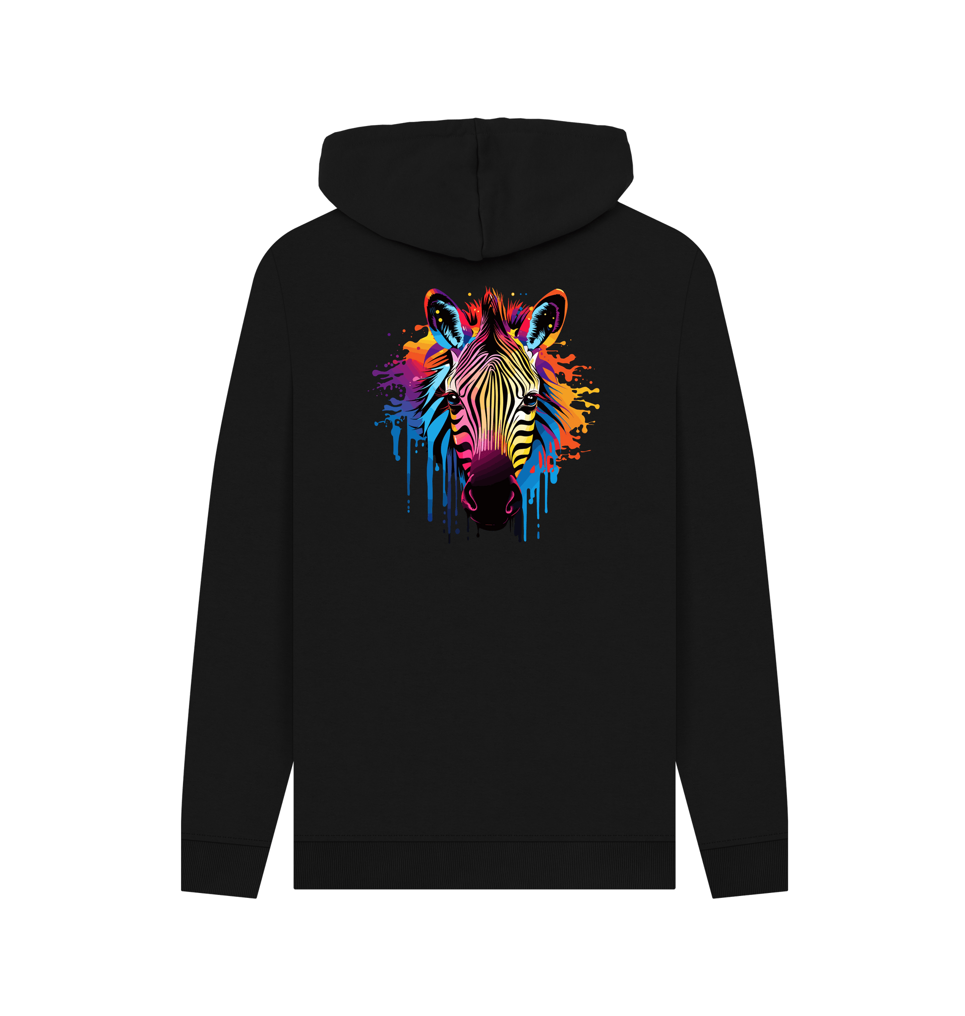 Black hoodie with colorful zebra graphic