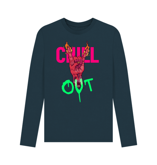 Long-sleeved t-shirt with "CHILL OUT" text and flaming hand graphic