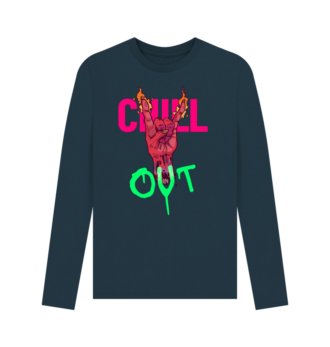 Long-sleeved t-shirt with "CHILL OUT" text and flaming hand graphic