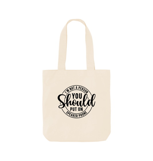 White tote bag with black text design