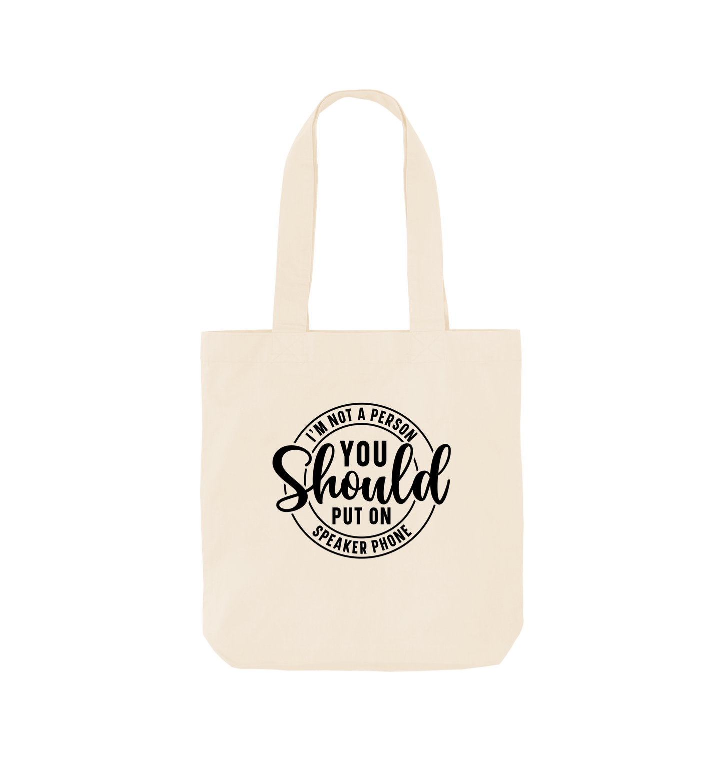 White tote bag with black text design