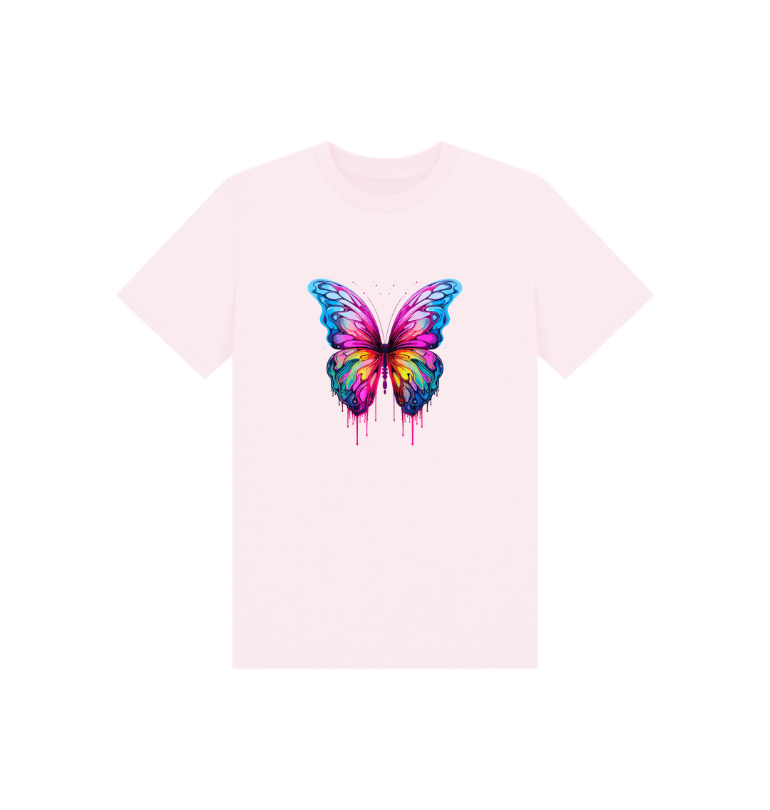 White t-shirt with colorful butterfly design