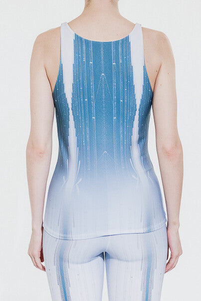 Blue and white striped tank top with geometric pattern (person)