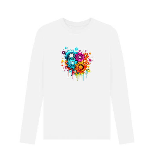 White long-sleeved t-shirt with colorful gear design