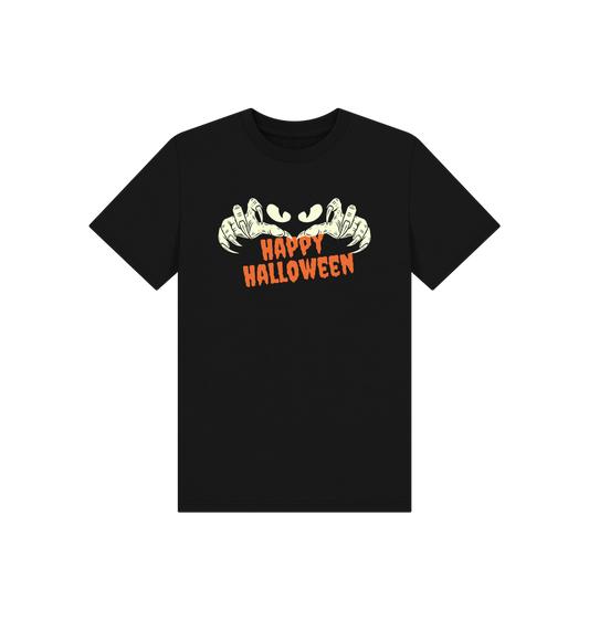 Black t-shirt with "Happy Halloween" and claw hands