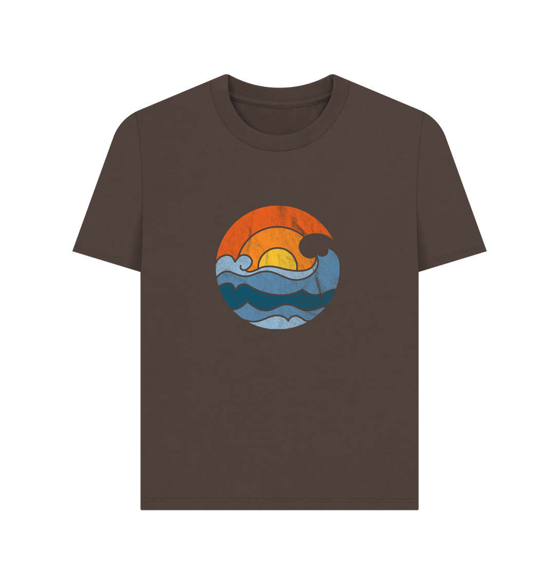 Brown t-shirt with ocean wave and sun graphic