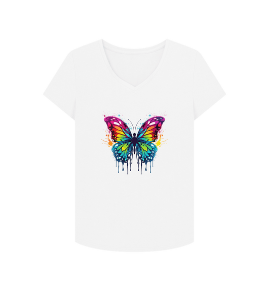 White V-neck t-shirt with colorful butterfly design