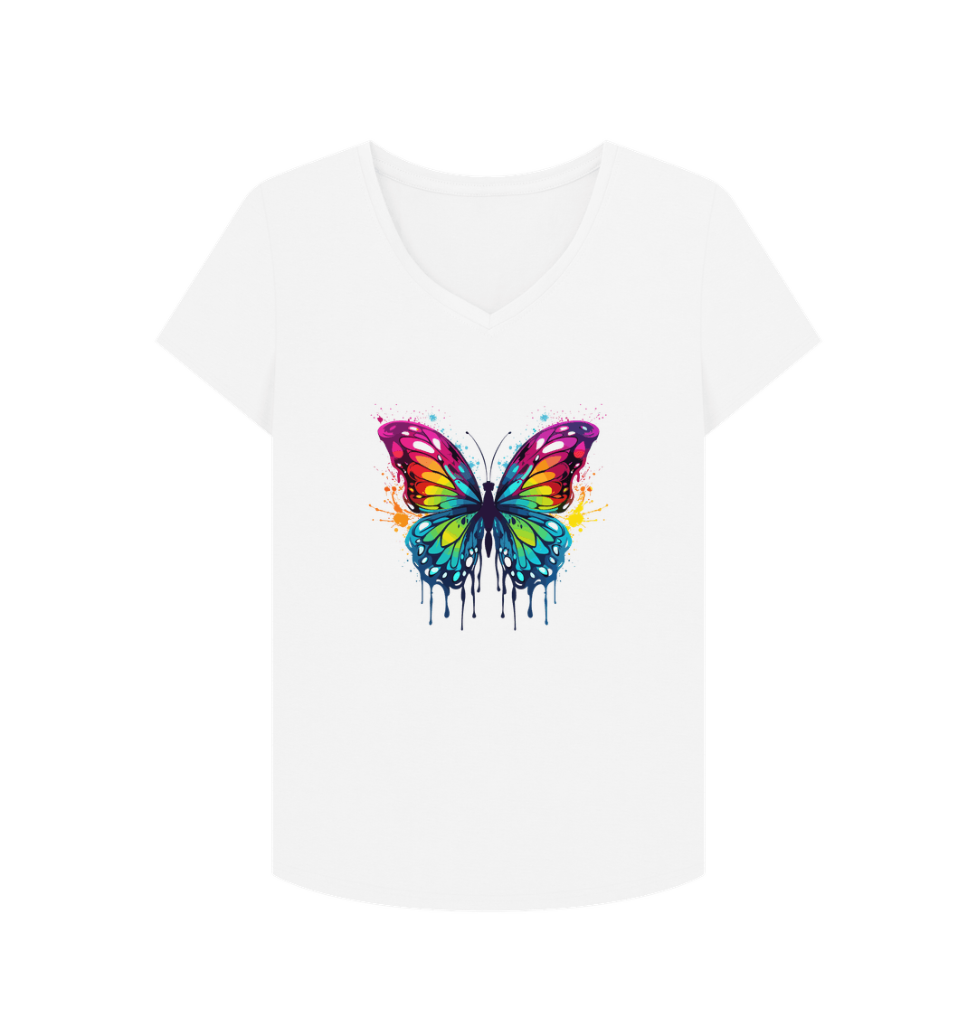 White V-neck t-shirt with colorful butterfly design