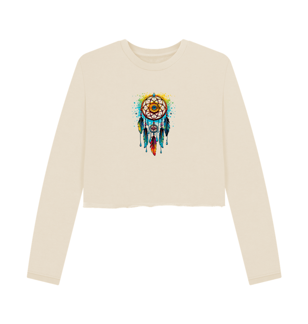 Cream-colored long-sleeve sweatshirt with dreamcatcher design
