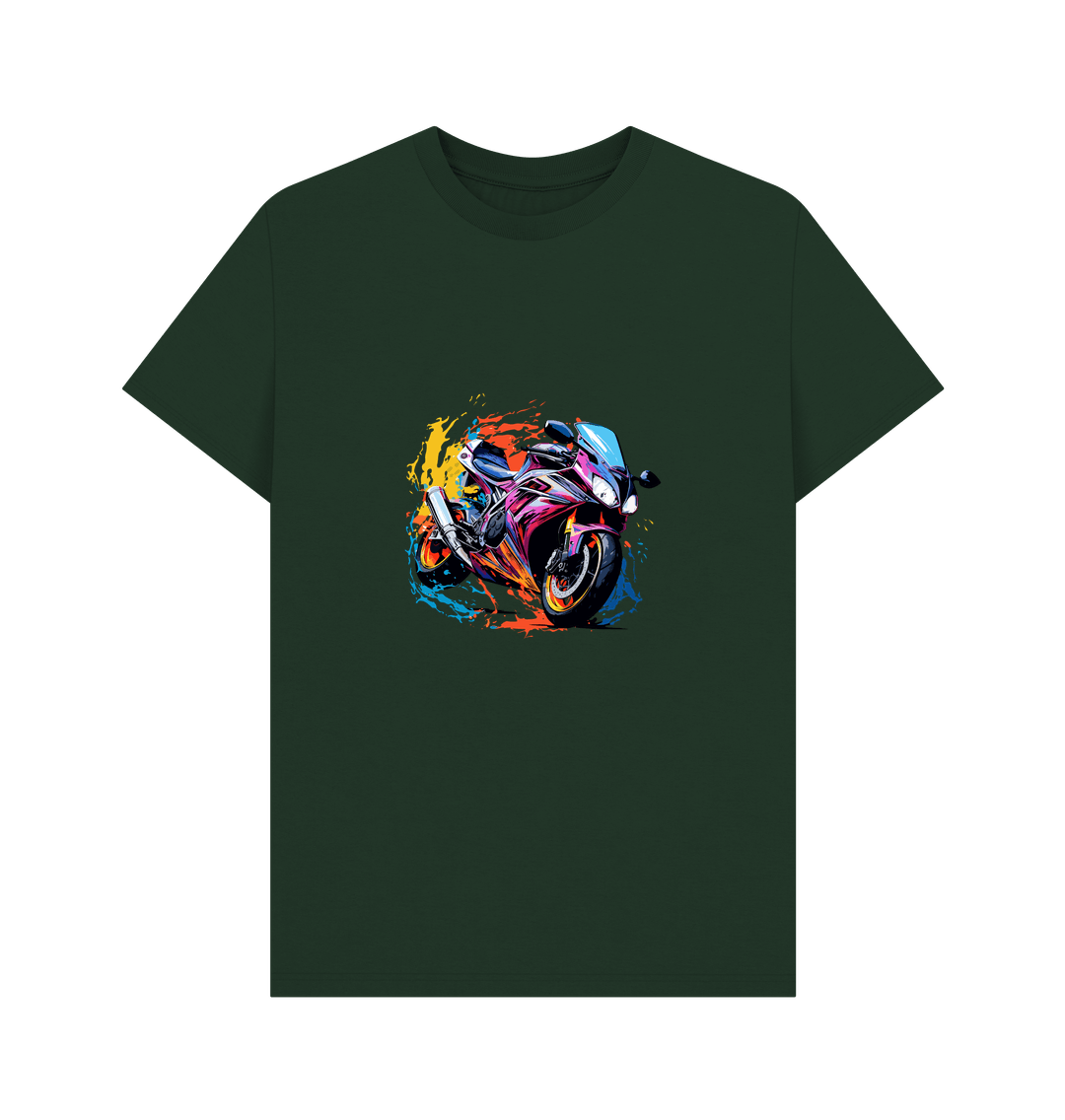 Dark green t-shirt with colorful motorcycle graphic