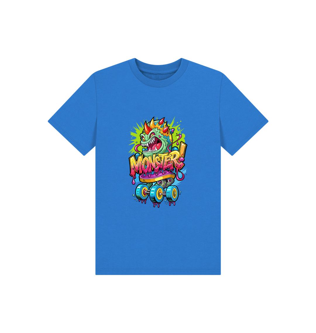 Blue t-shirt with "MONSTER!" graphic