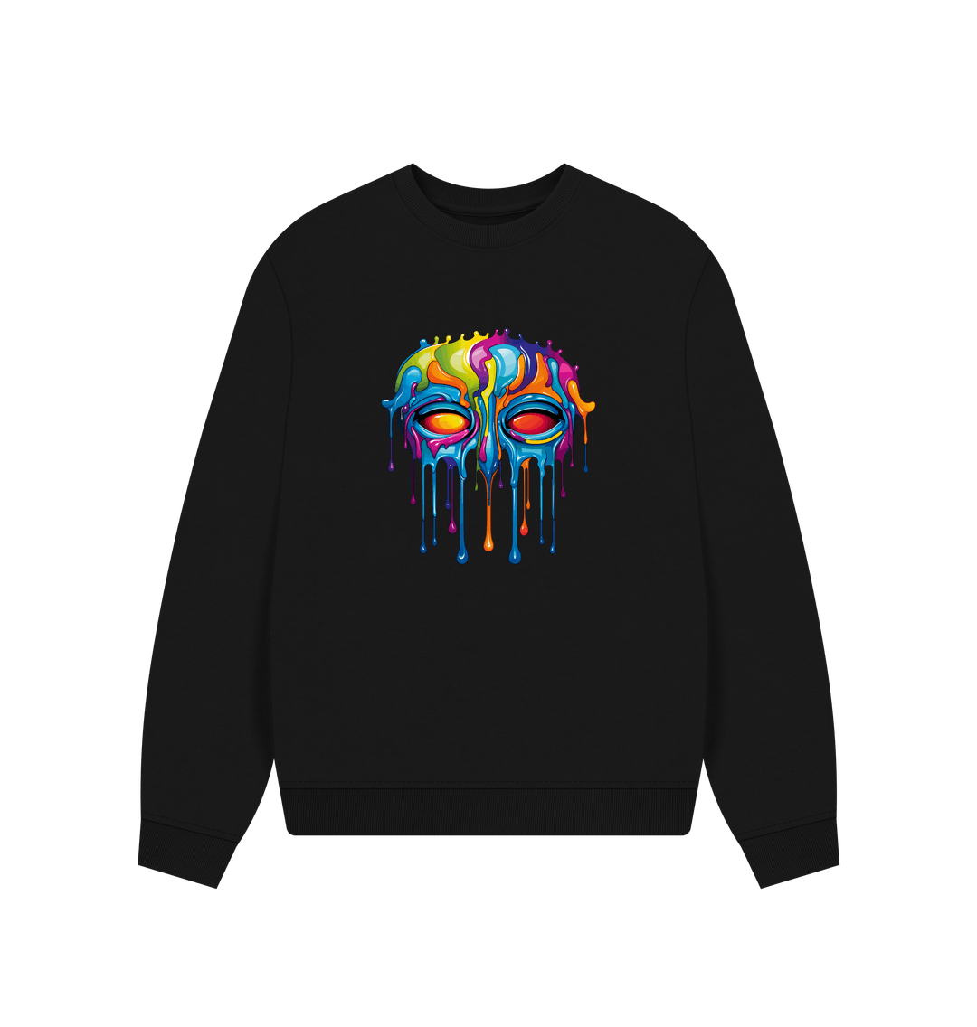 Black sweatshirt with colorful dripping paint design