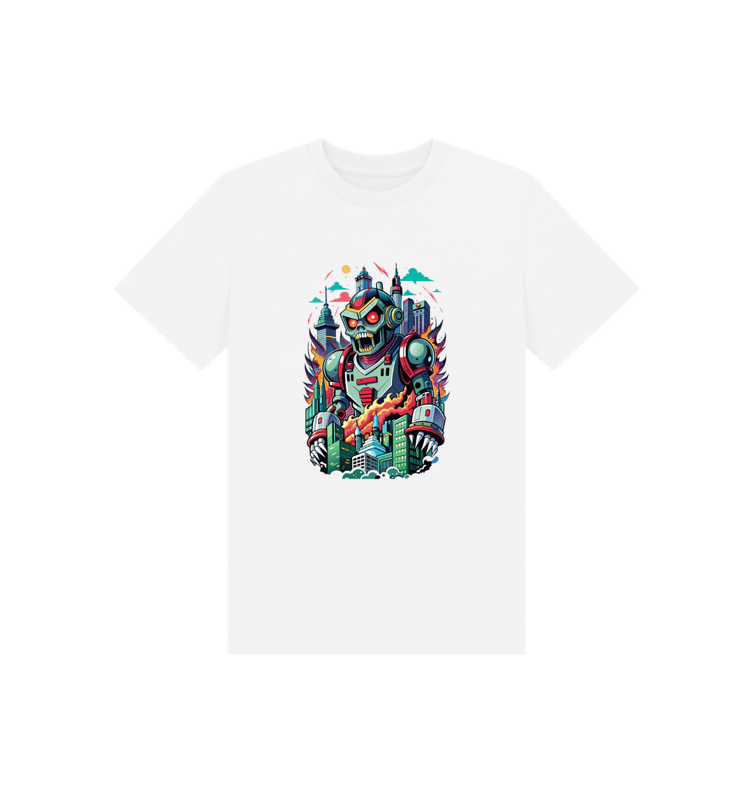 White t-shirt with robot and cityscape graphic