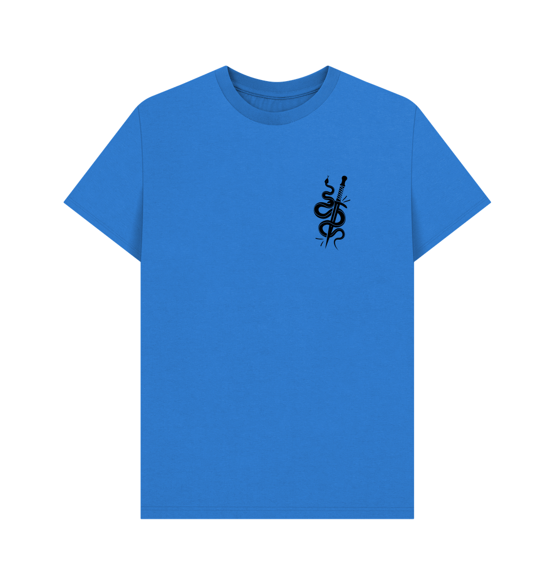 Blue t-shirt with black snake and sword design