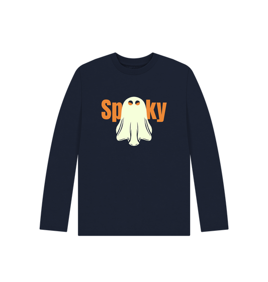 Navy blue long-sleeved t-shirt with "Spooky" ghost design