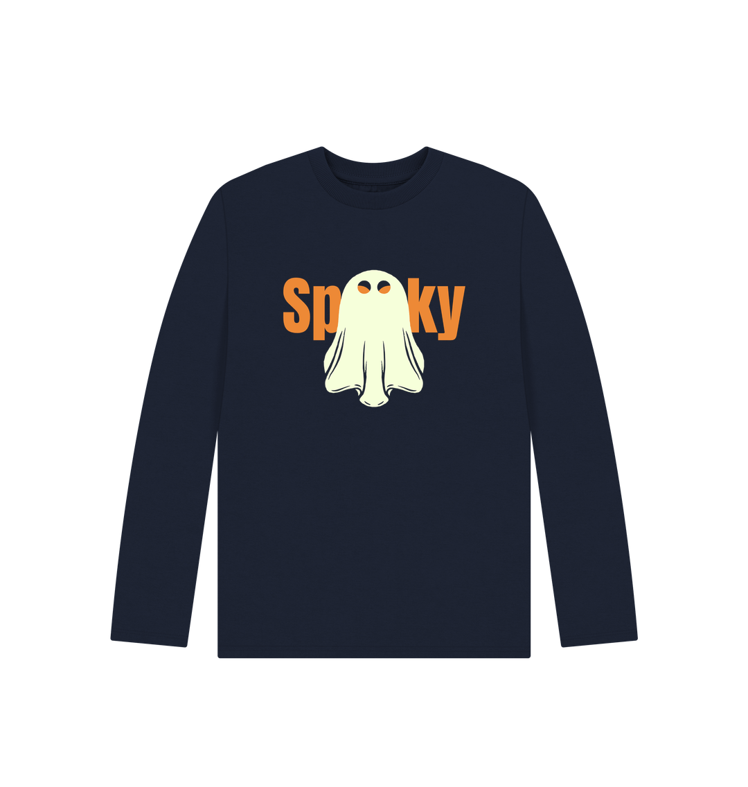 Navy blue long-sleeved t-shirt with "Spooky" ghost design