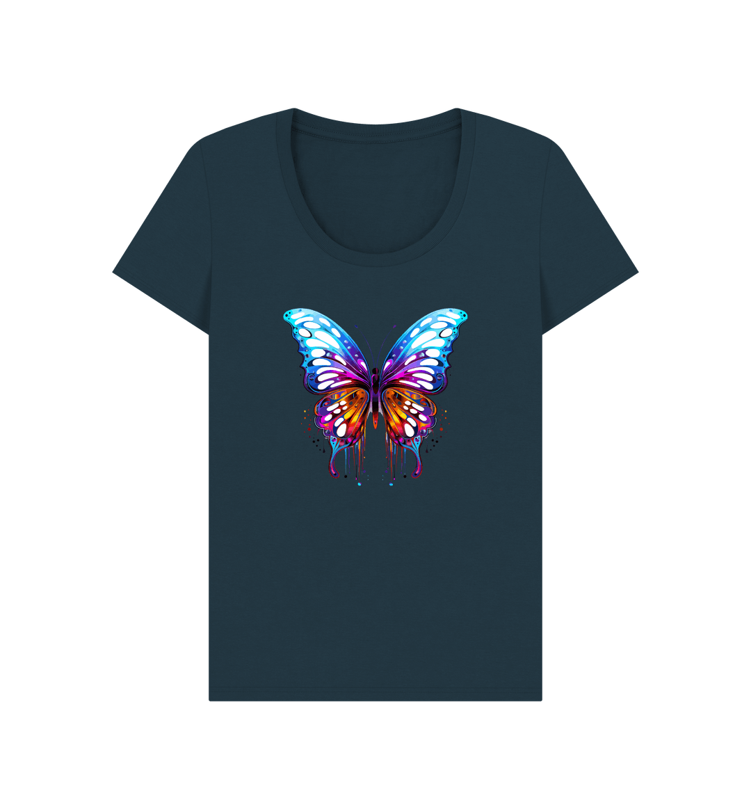 Dark blue t-shirt with colorful butterfly design