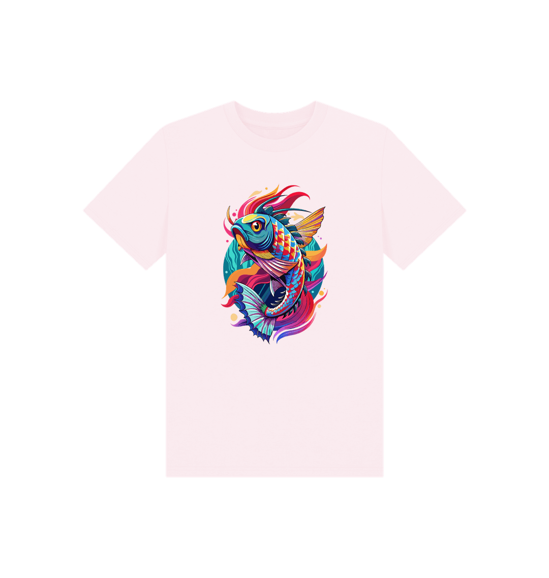 White t-shirt with colorful fish design