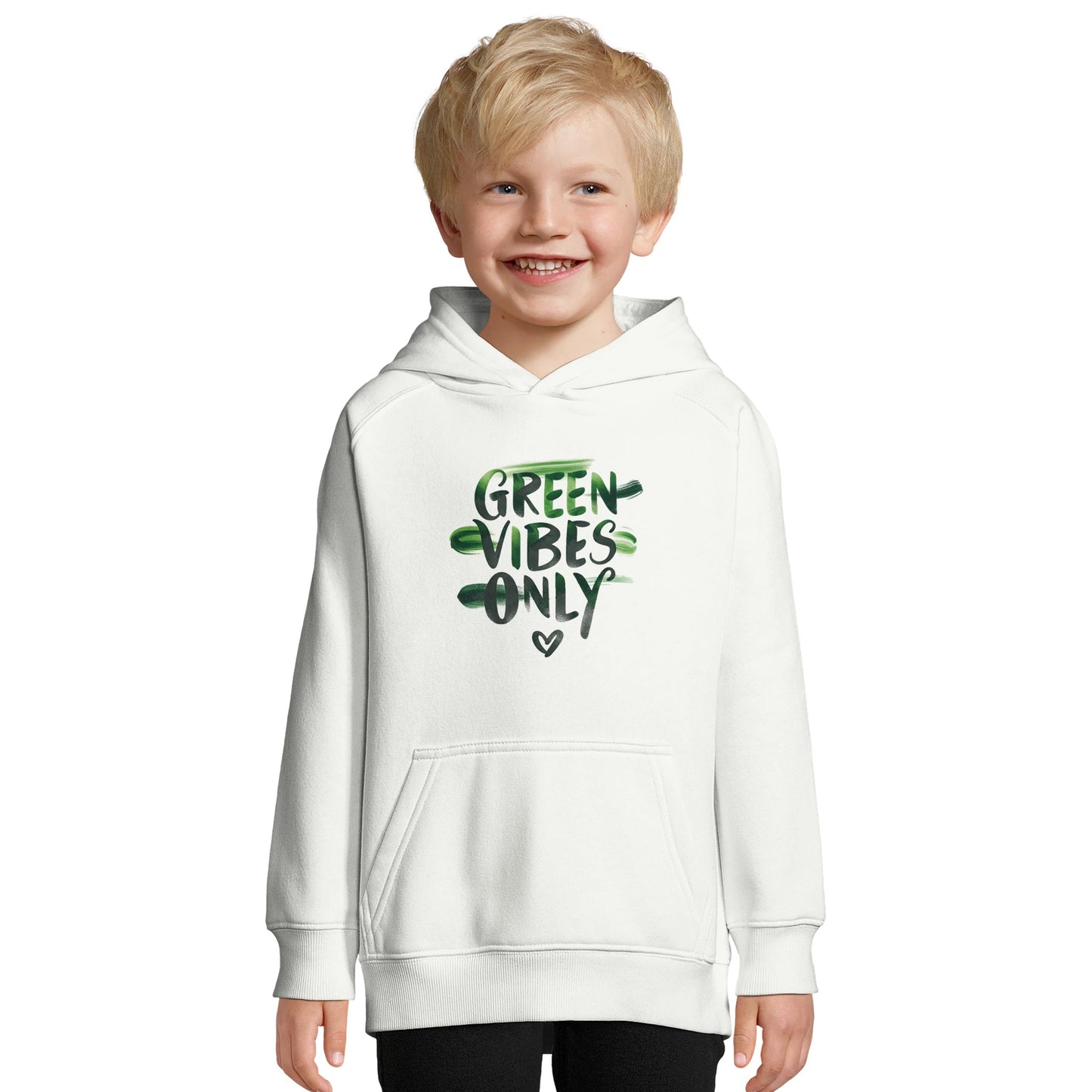 White hoodie with "GREEN VIBES ONLY" text (person)