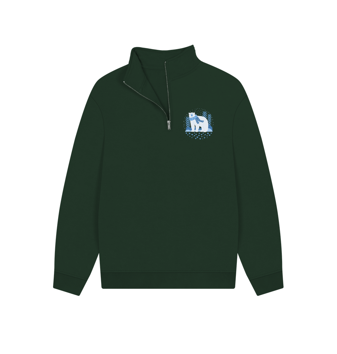 Dark green quarter-zip sweatshirt with polar bear patch
