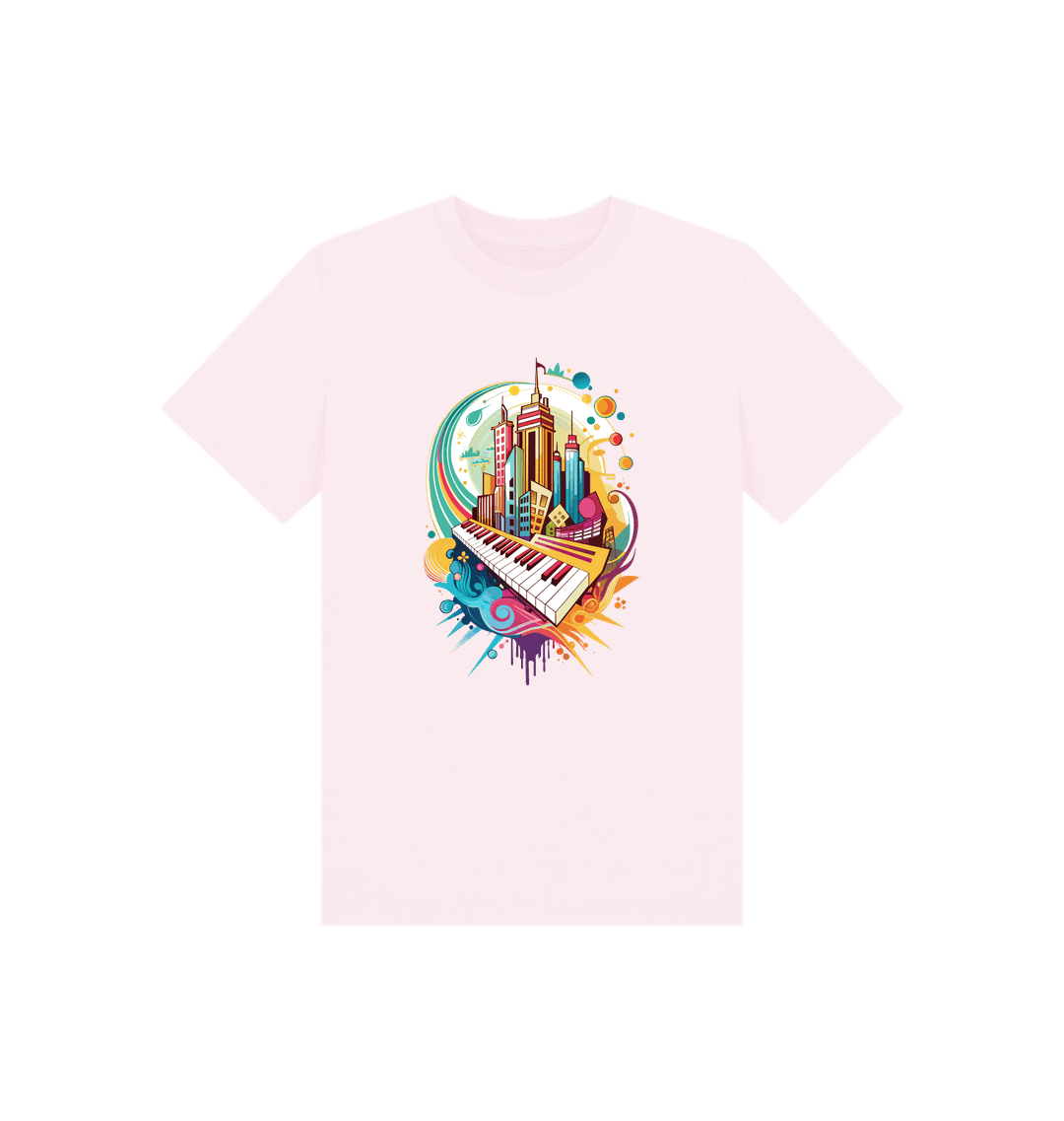 Pink t-shirt with cityscape and piano graphic