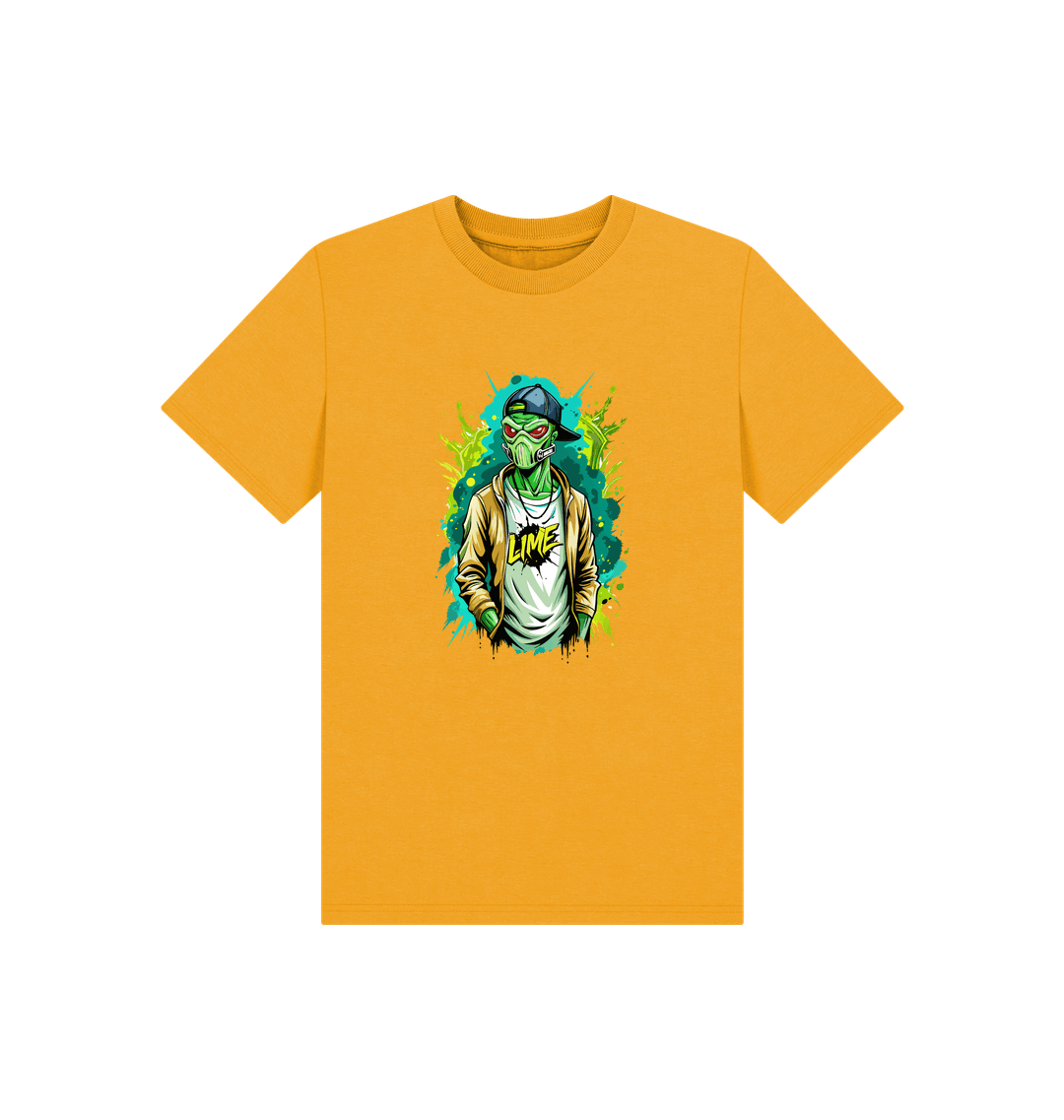 Yellow t-shirt with green alien graphic
