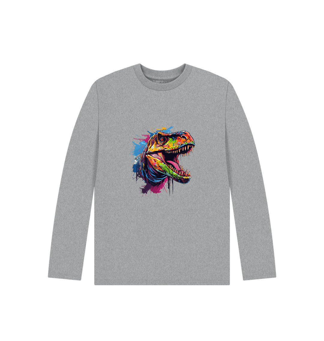 Gray long-sleeved t-shirt with colorful dinosaur graphic