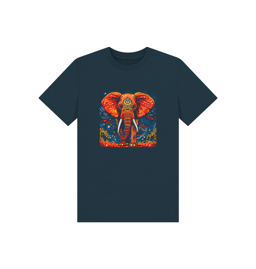 Dark blue t-shirt with colorful elephant graphic