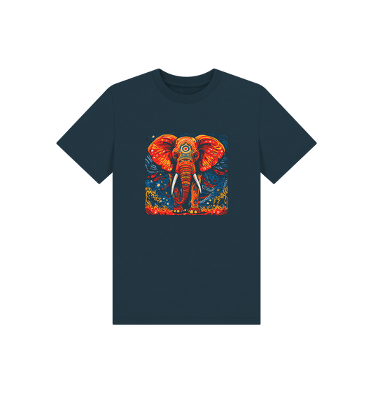 Dark blue t-shirt with colorful elephant graphic