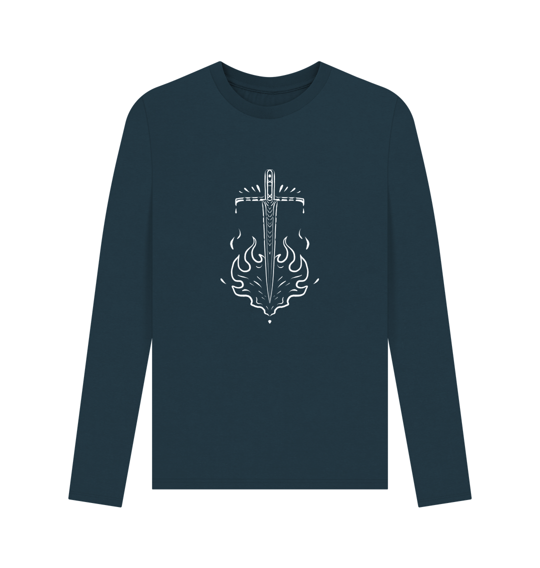 Dark blue long-sleeved t-shirt with sword graphic