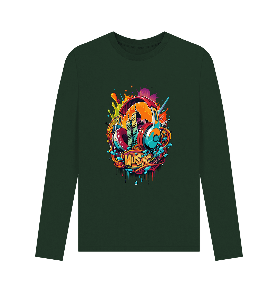 Dark green long-sleeved t-shirt with colorful music-themed graphic