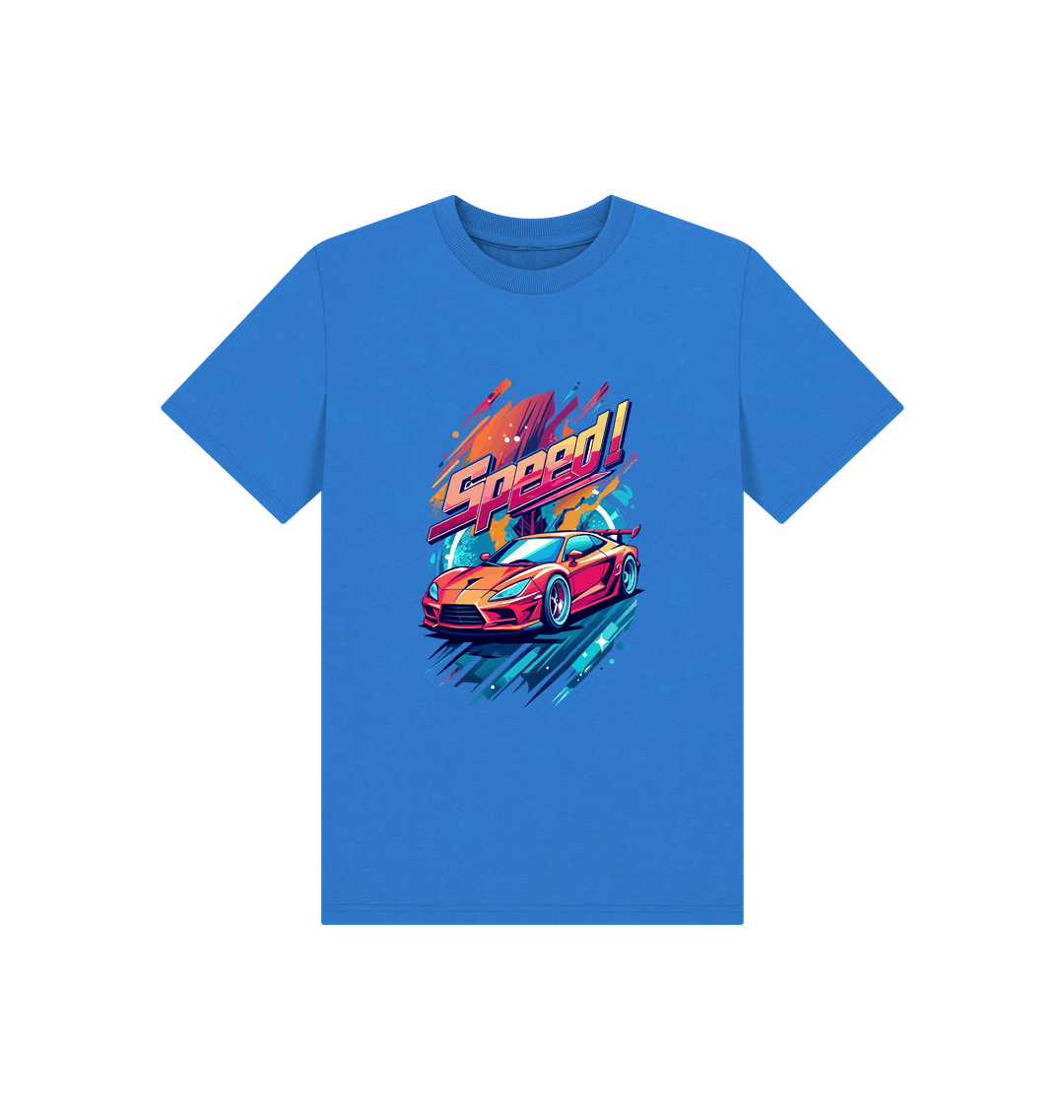 Blue t-shirt with "Speed!" and car graphic