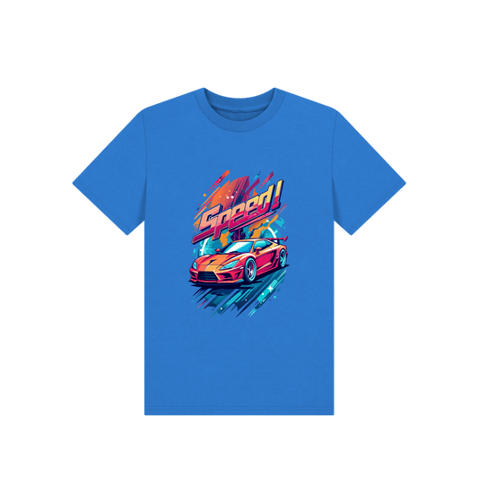 Blue t-shirt with "Speed!" and car graphic