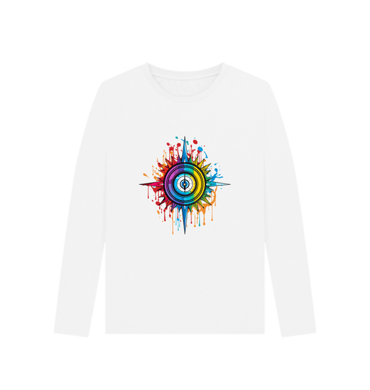 White long-sleeved t-shirt with colorful compass design
