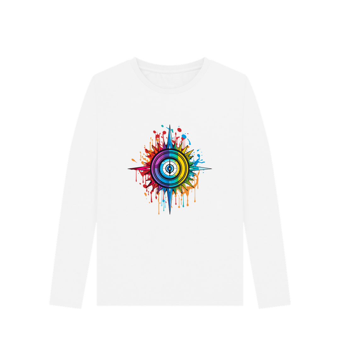 White long-sleeved t-shirt with colorful compass design