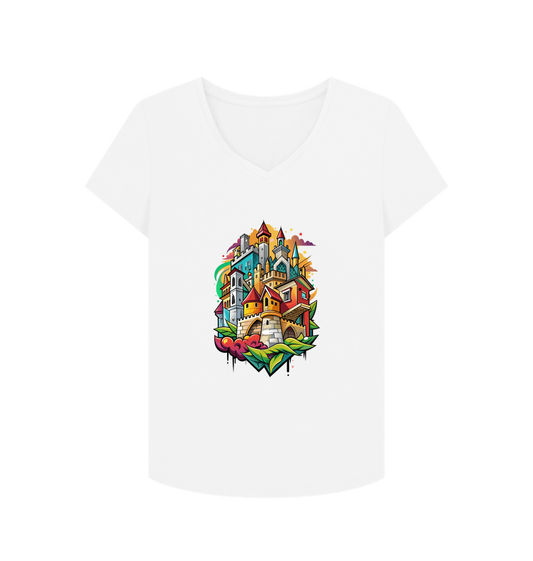 White t-shirt with colorful castle design