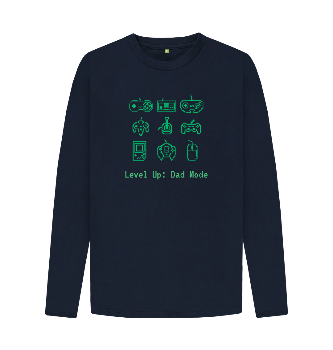 Navy long-sleeved t-shirt with retro gaming icons and text