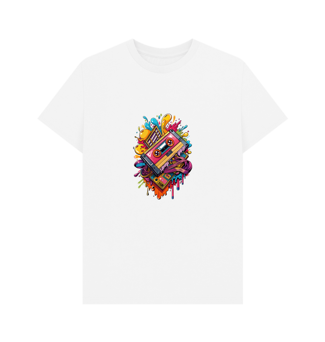 White t-shirt with colorful cassette tape design