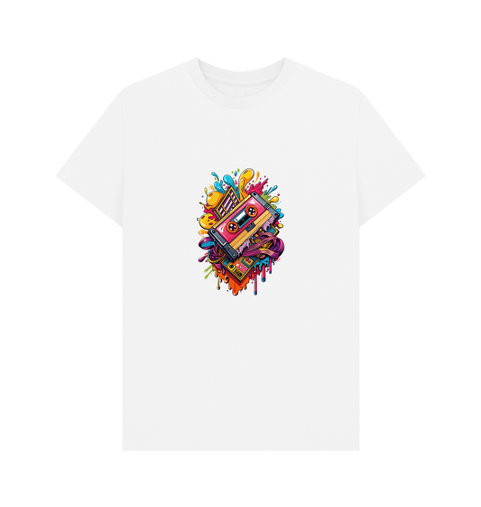 White t-shirt with colorful cassette tape design