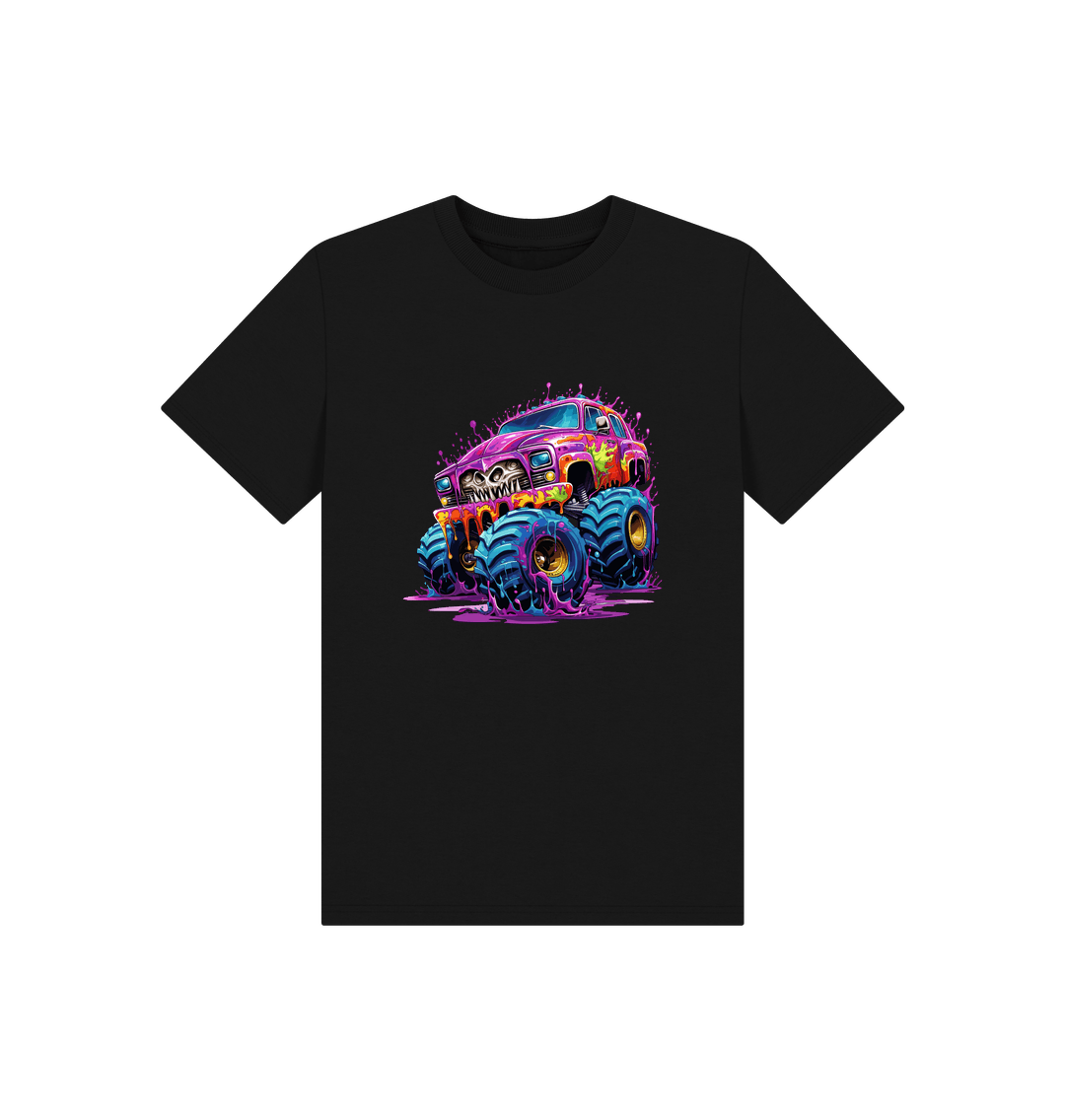 Black t-shirt with colorful monster truck graphic
