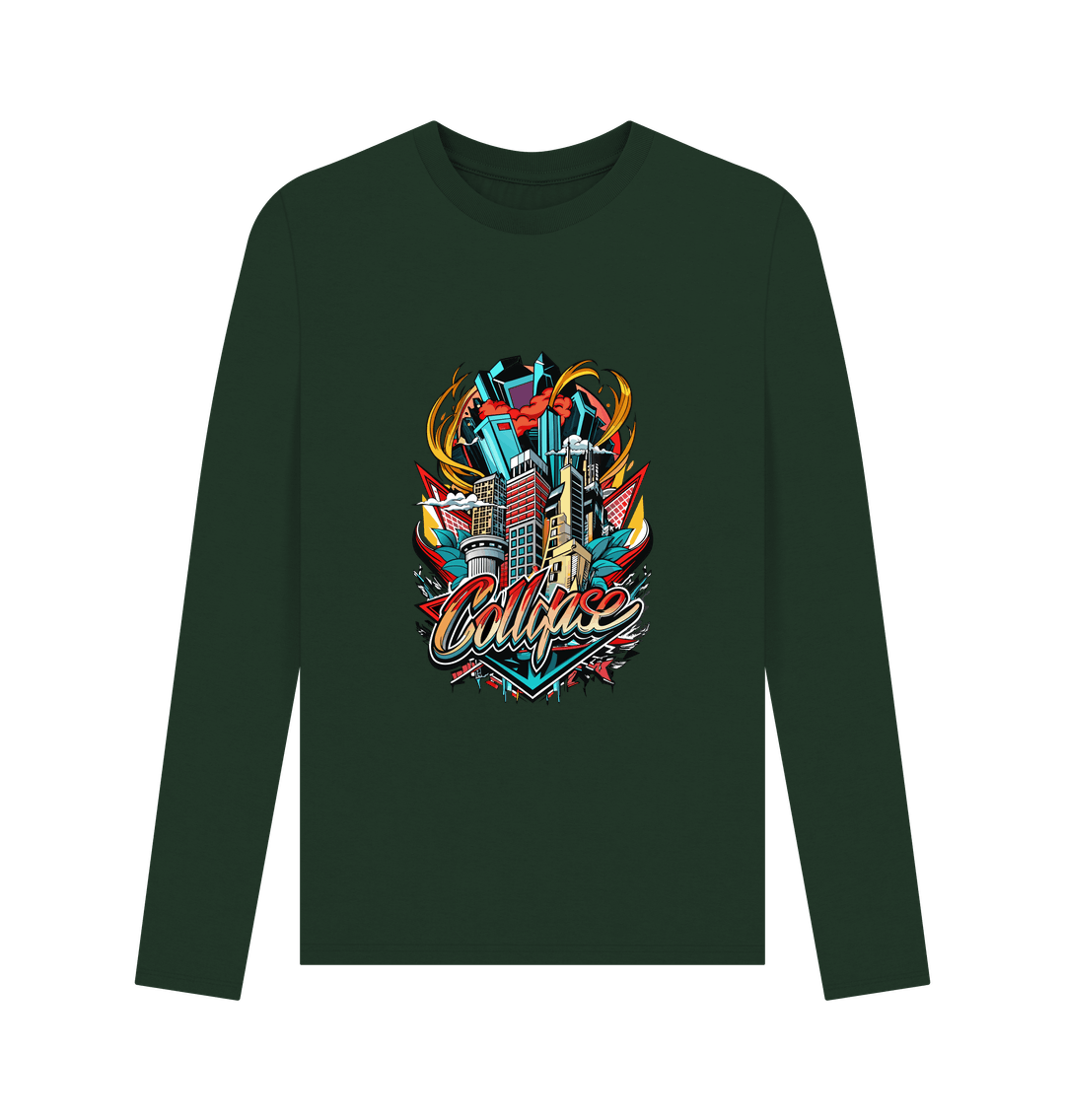 Dark green long-sleeved t-shirt with colorful cityscape graphic